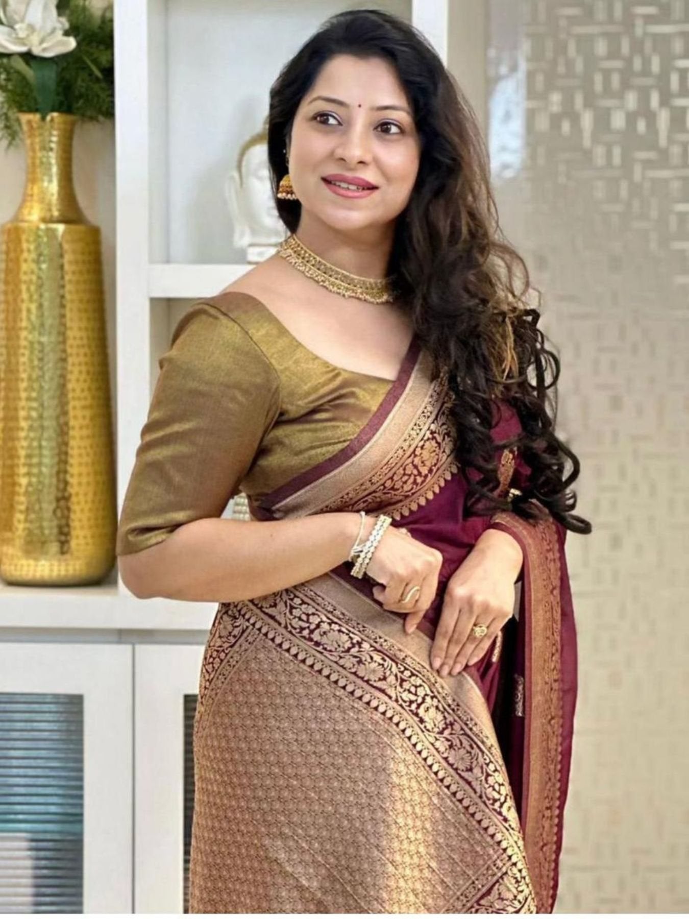 Maroon Banarasi Soft Silk Saree with Rich Gold Zari Pallu