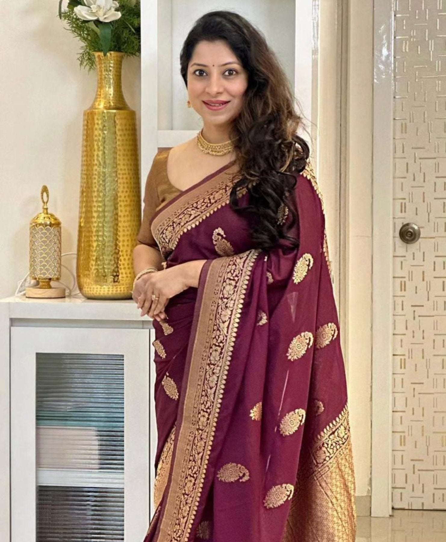 Maroon Banarasi Soft Silk Saree with Rich Gold Zari Pallu