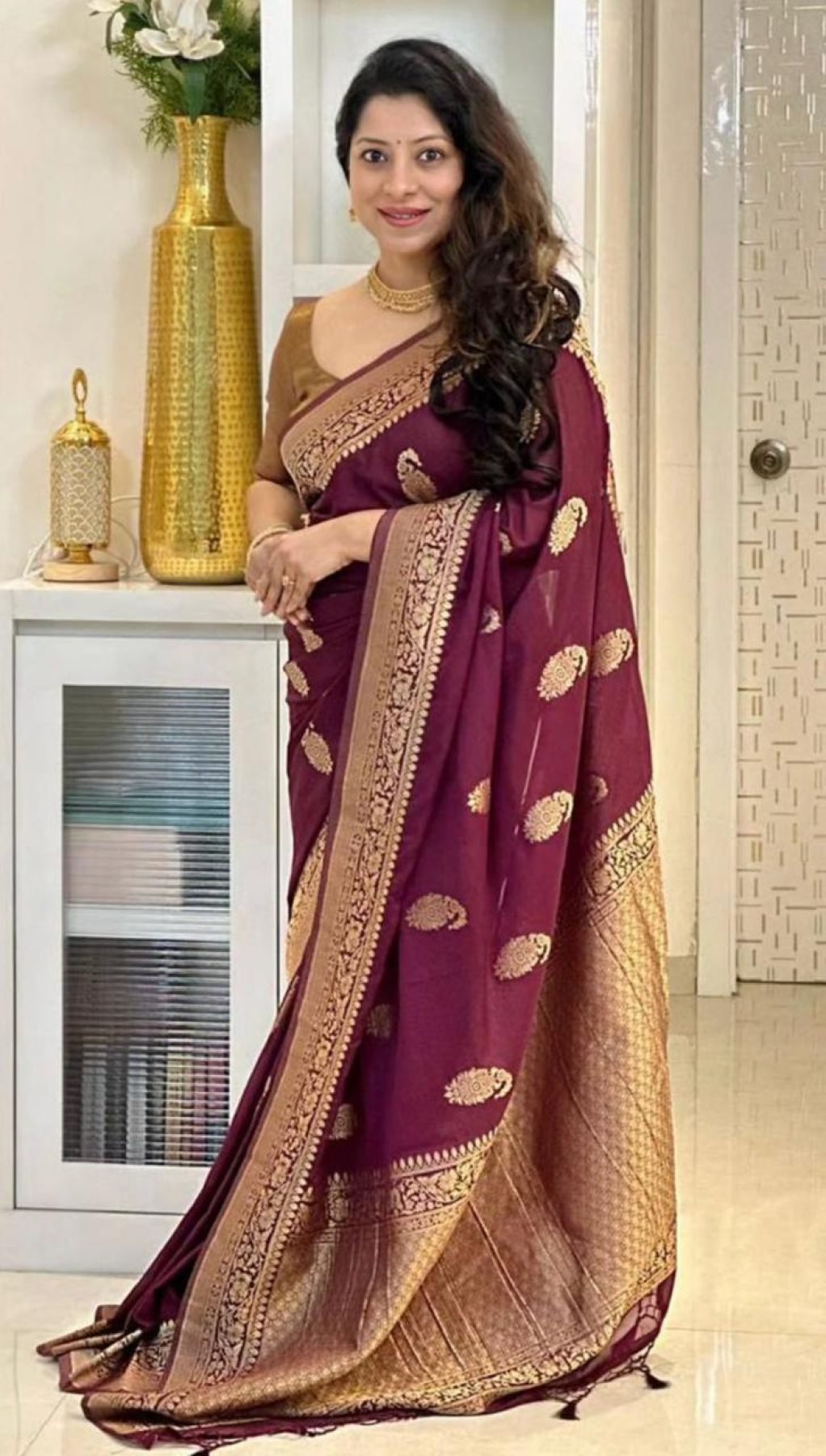 Maroon Banarasi Soft Silk Saree with Rich Gold Zari Pallu