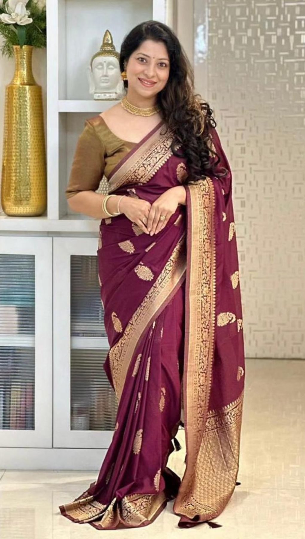 Maroon Banarasi Soft Silk Saree with Rich Gold Zari Pallu