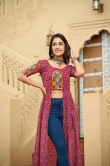 Maroon Bandhani Print Faux Georgette Kurti with Kutchi Patchwork