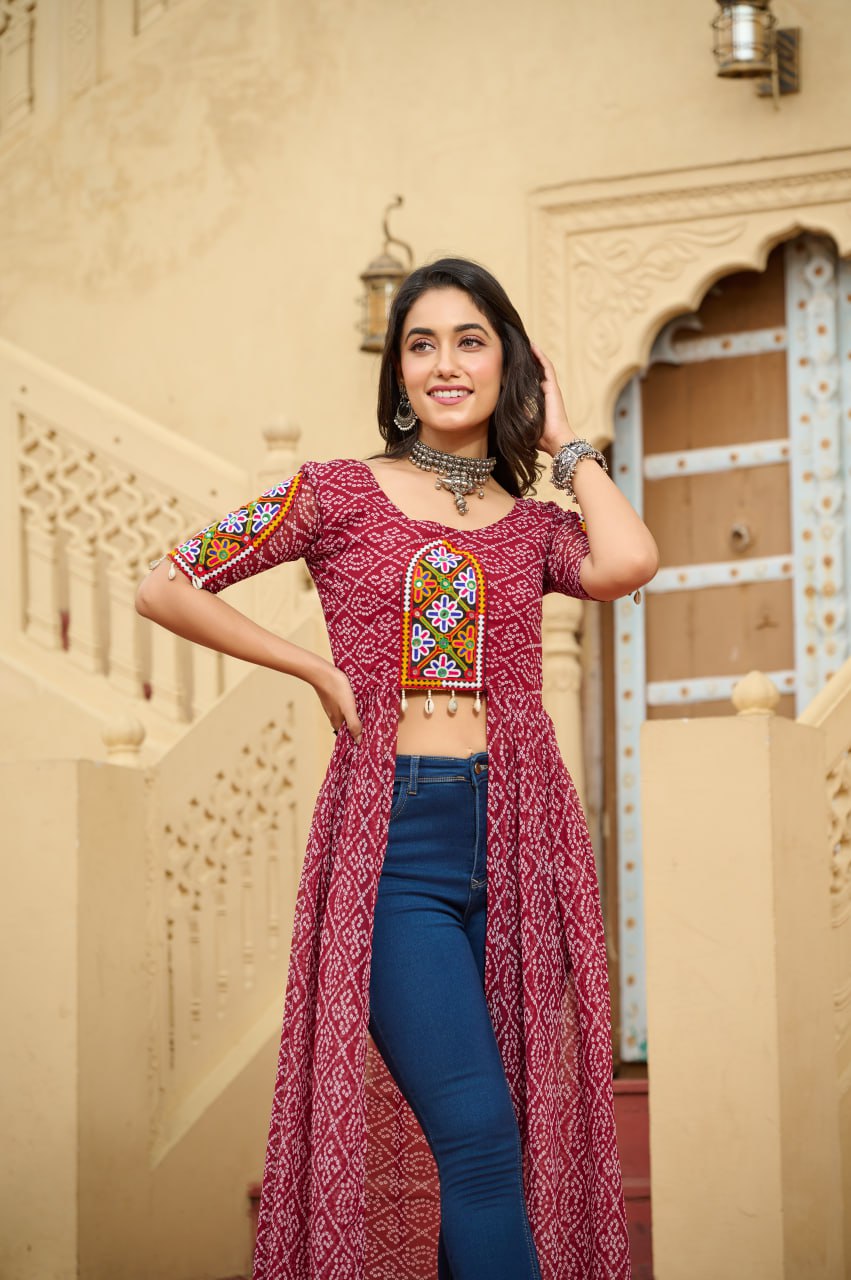 Maroon Bandhani Print Faux Georgette Kurti with Kutchi Patchwork