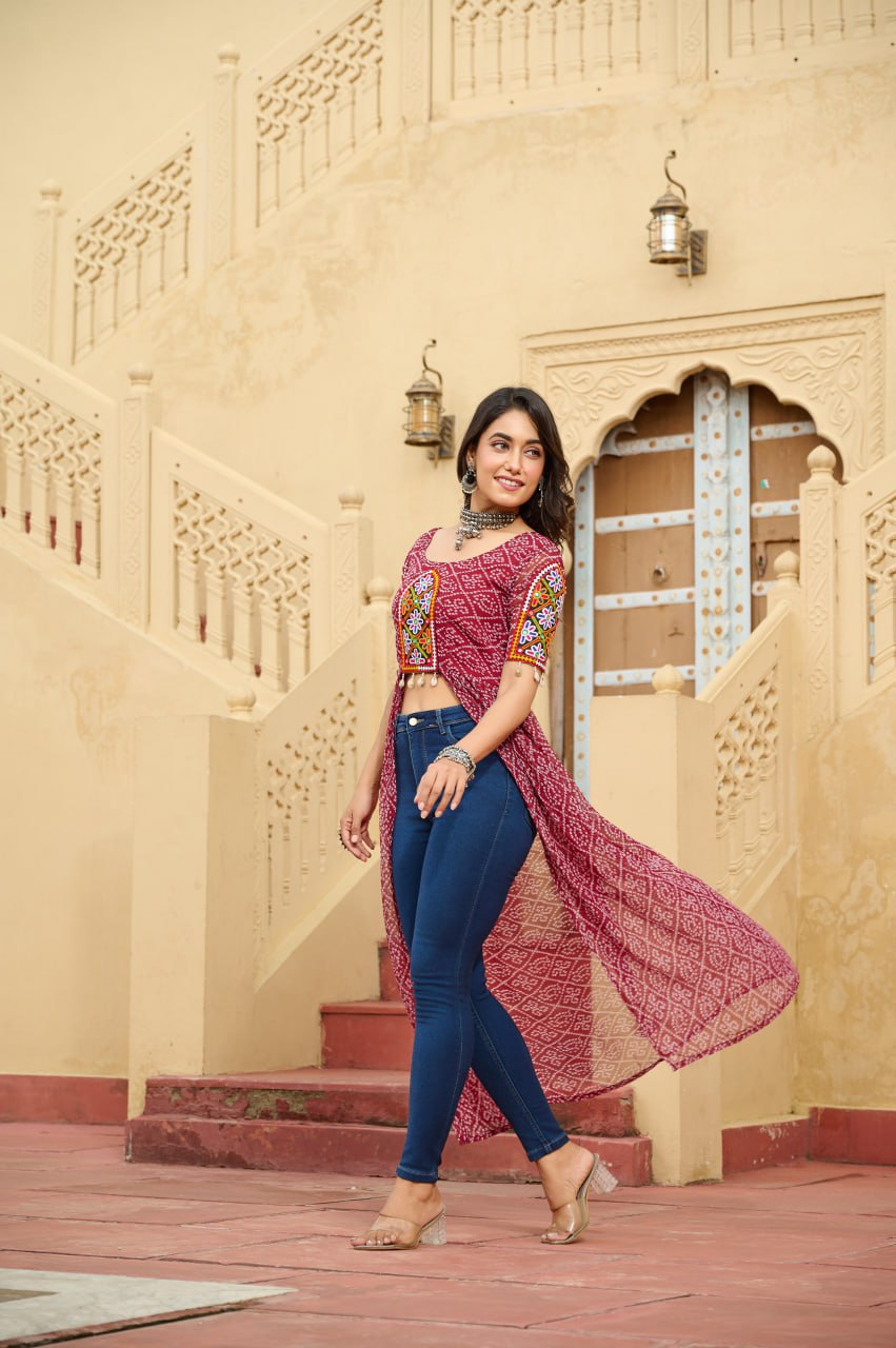 Maroon Bandhani Print Faux Georgette Kurti with Kutchi Patchwork