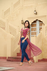 Maroon Bandhani Print Faux Georgette Kurti with Kutchi Patchwork