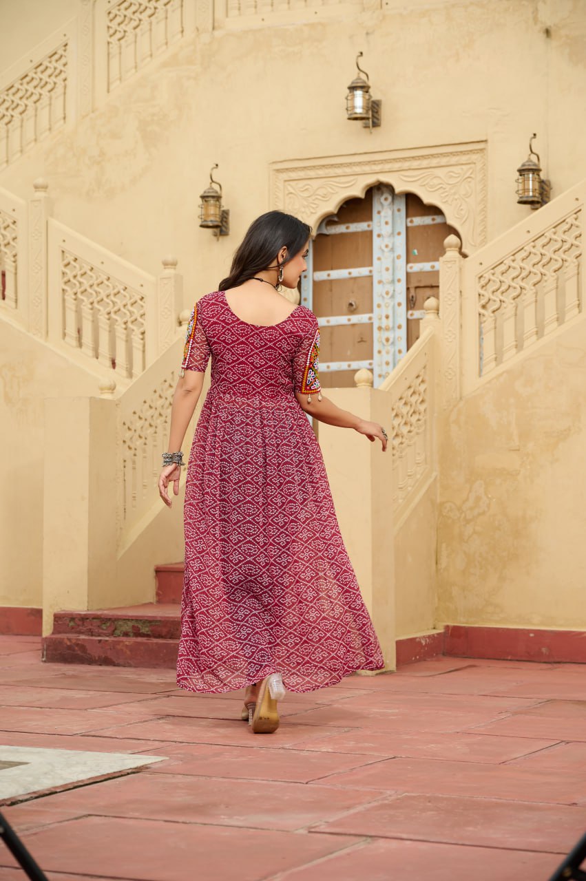 Maroon Bandhani Print Faux Georgette Kurti with Kutchi Patchwork