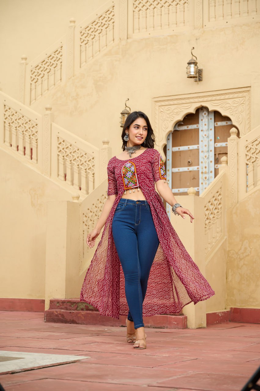 Maroon Bandhani Print Faux Georgette Kurti with Kutchi Patchwork