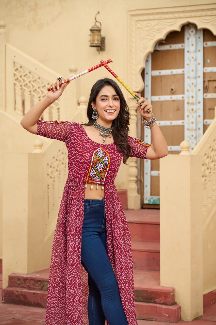 Maroon Bandhani Print Faux Georgette Kurti with Kutchi Patchwork