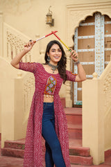 Maroon Bandhani Print Faux Georgette Kurti with Kutchi Patchwork