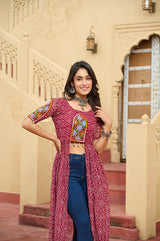 Maroon Bandhani Print Faux Georgette Kurti with Kutchi Patchwork