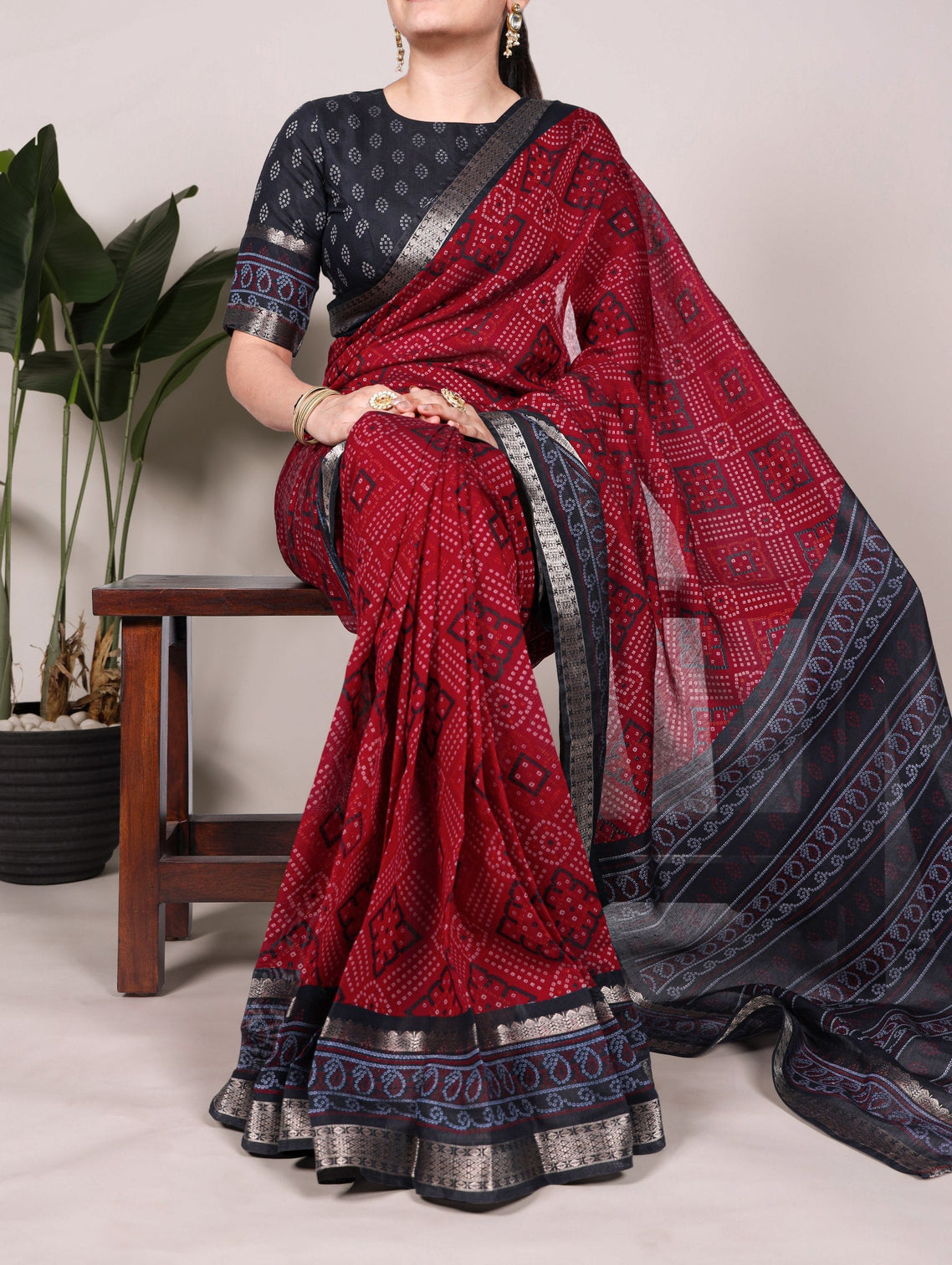 Maroon Bandhej Print Chanderi Saree with Zari Weaving Work