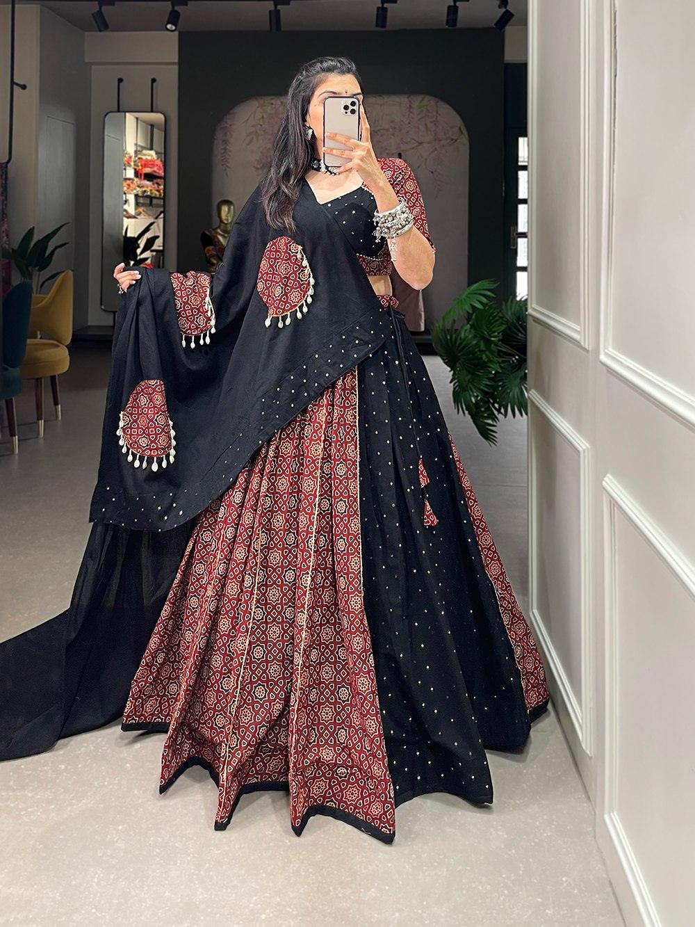 Maroon Black Printed Pure Cotton Mirror Lace Worked Navratri Lehenga Set