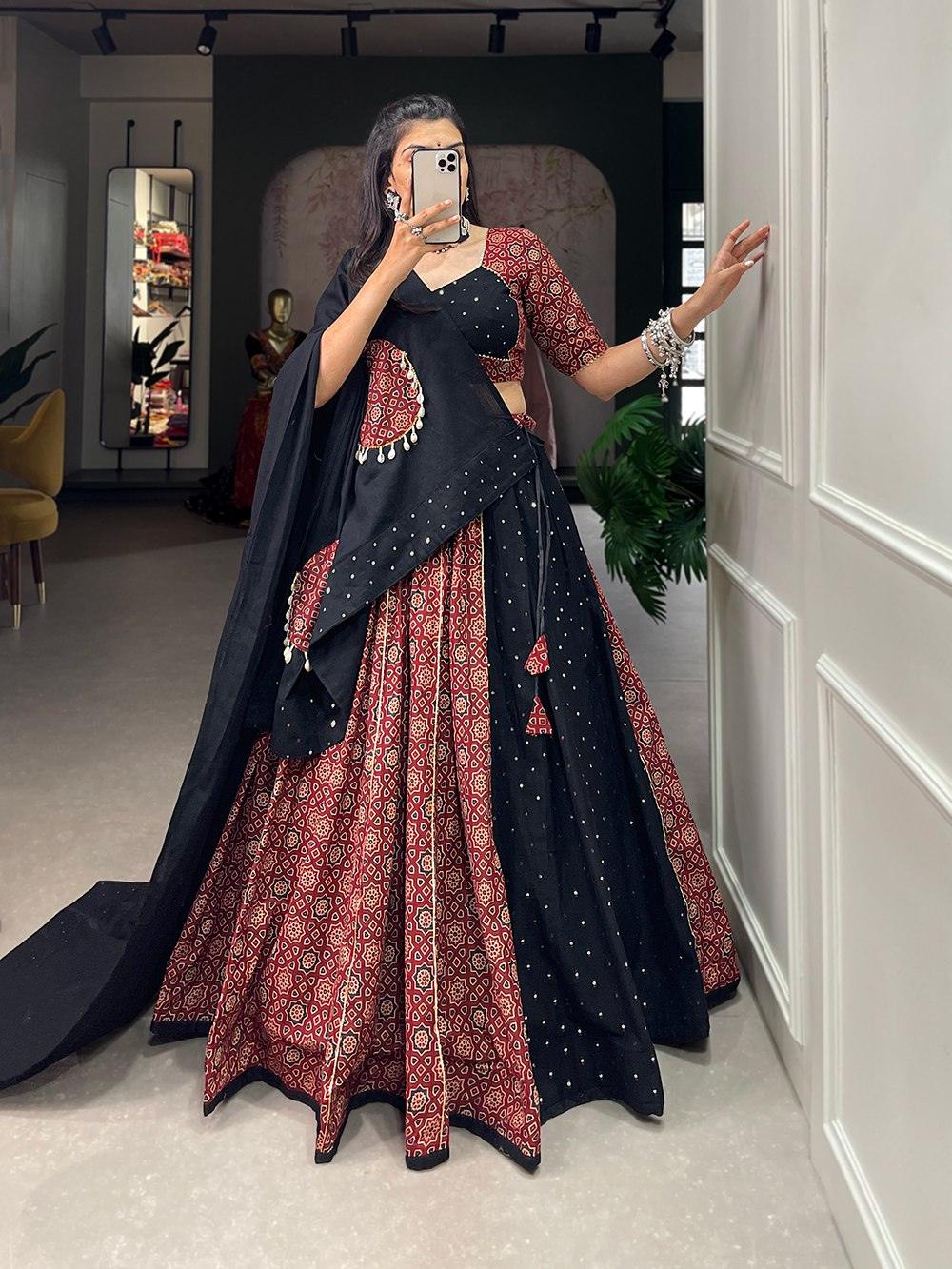 Maroon Black Printed Pure Cotton Mirror Lace Worked Navratri Lehenga Set