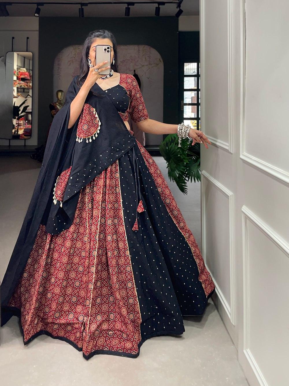 Maroon Black Printed Pure Cotton Mirror Lace Worked Navratri Lehenga Set