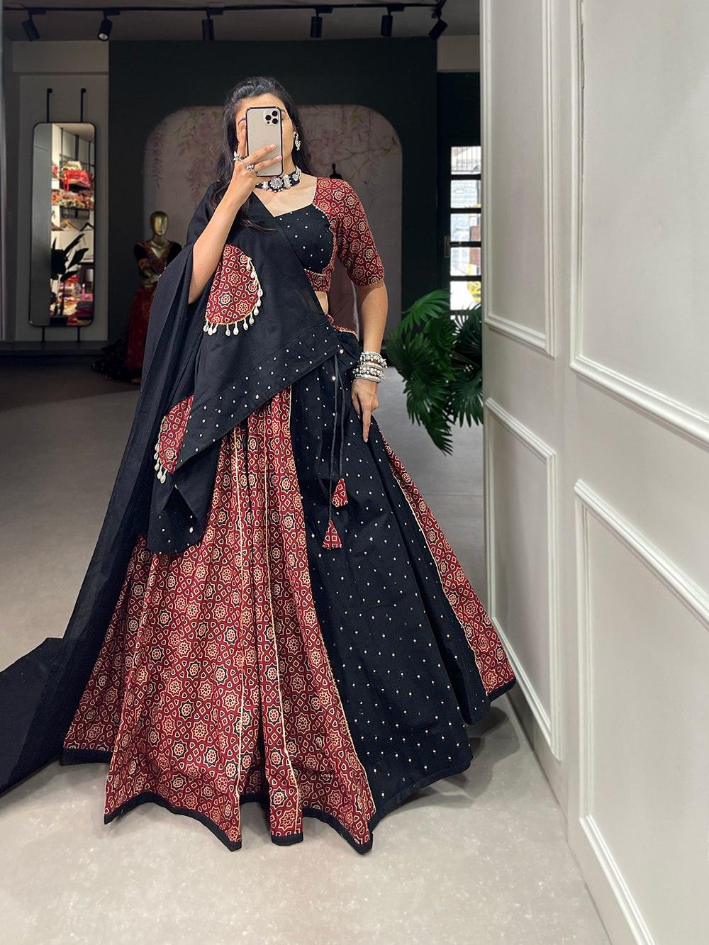 Maroon Black Printed Pure Cotton Mirror Lace Worked Navratri Lehenga Set