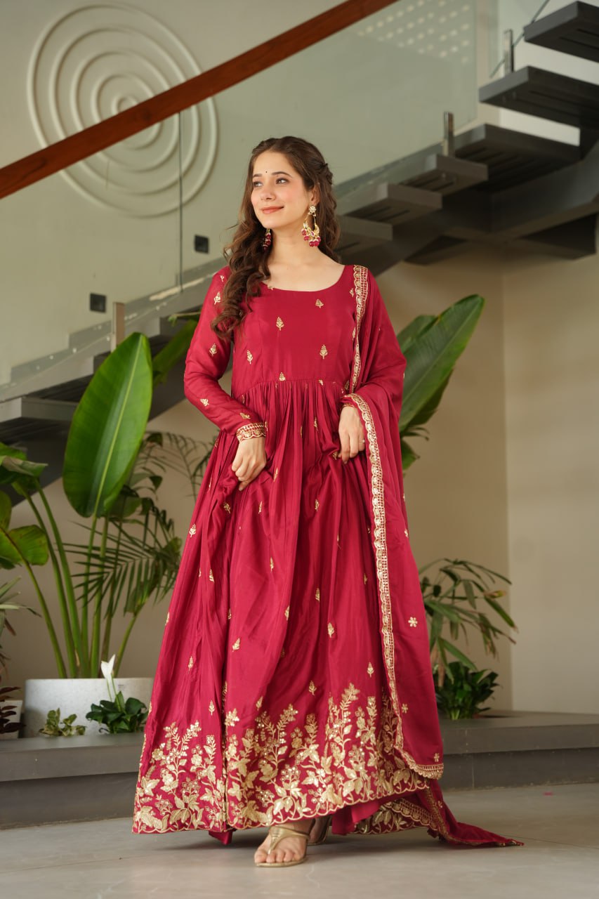 Maroon Chinnon Embroidered Zari & Sequins Work Gown with Designer Dupatta – Festive & Party Wear