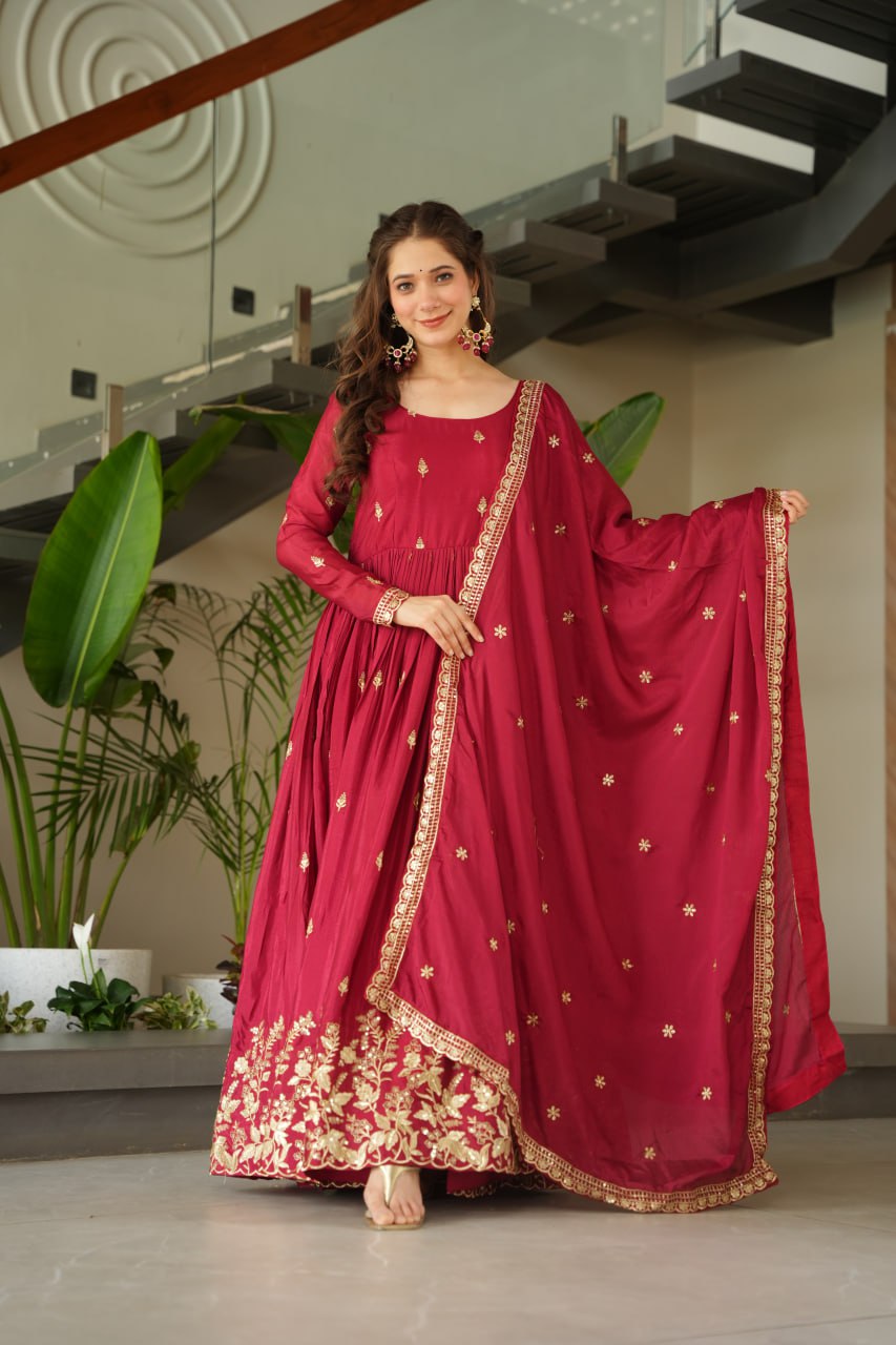 Maroon Chinnon Embroidered Zari & Sequins Work Gown with Designer Dupatta – Festive & Party Wear