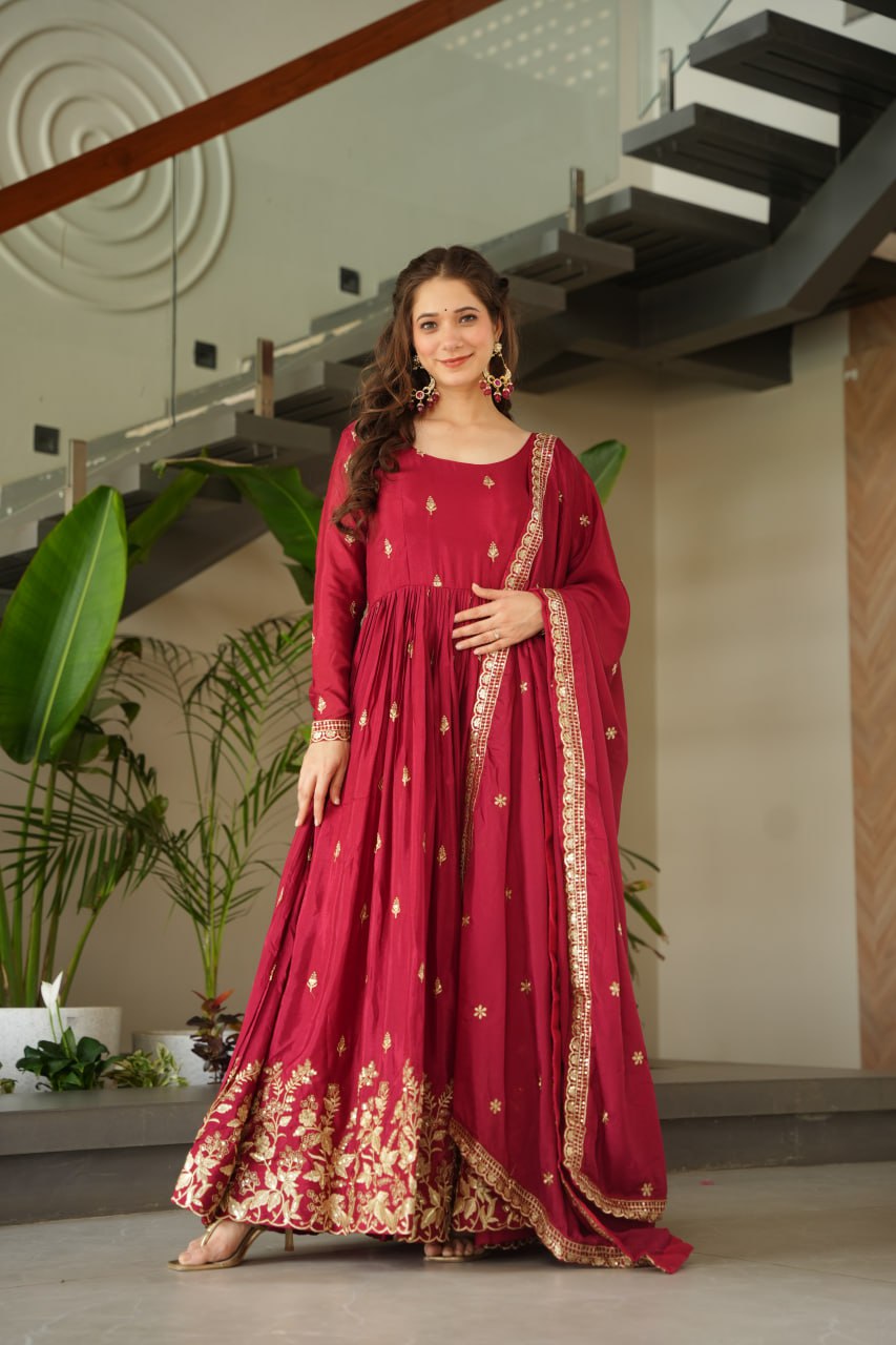 Maroon Chinnon Embroidered Zari & Sequins Work Gown with Designer Dupatta – Festive & Party Wear