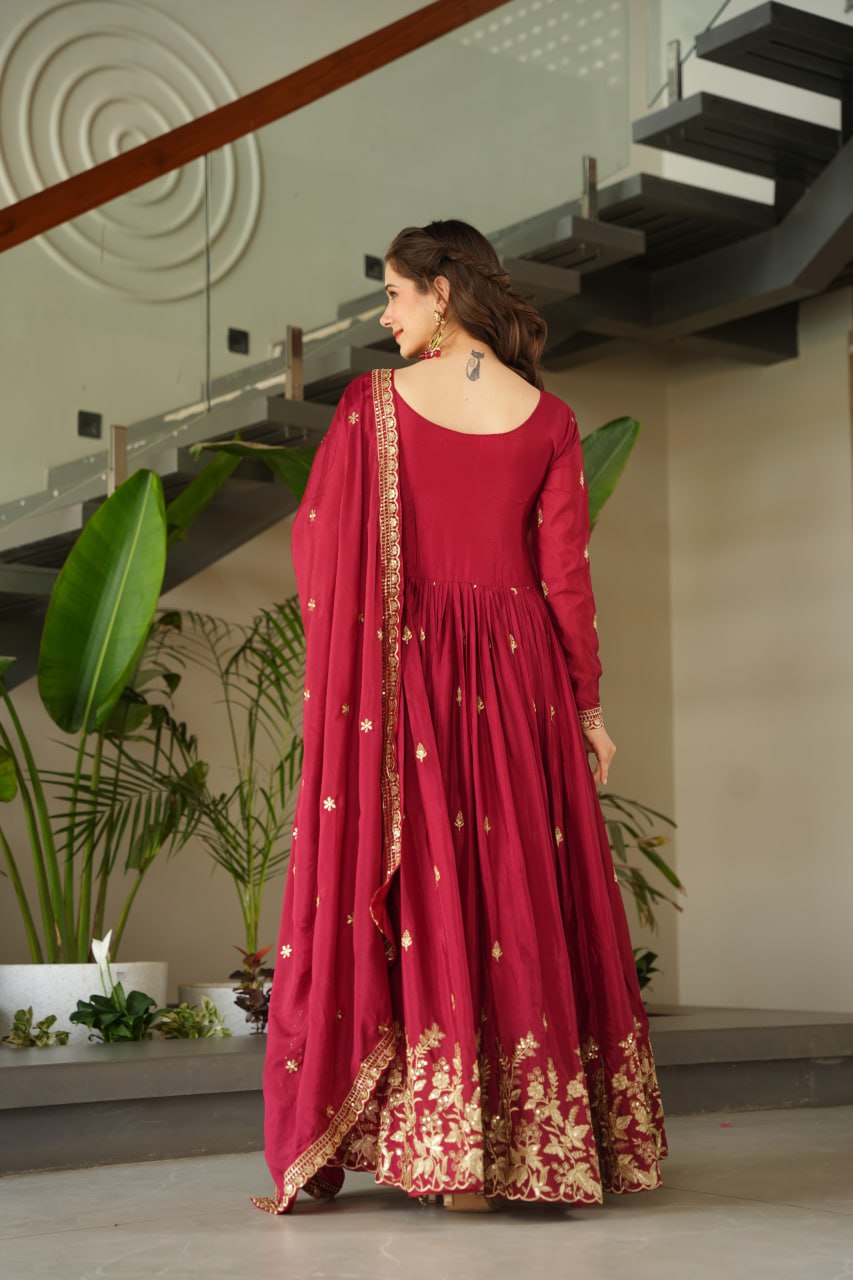 Maroon Chinnon Embroidered Zari & Sequins Work Gown with Designer Dupatta – Festive & Party Wear
