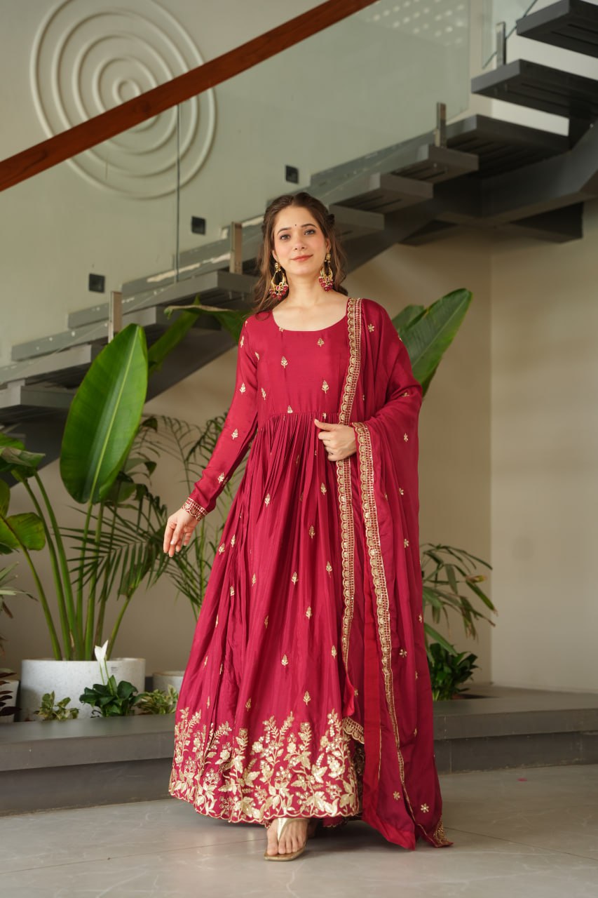 Maroon Chinnon Embroidered Zari & Sequins Work Gown with Designer Dupatta – Festive & Party Wear