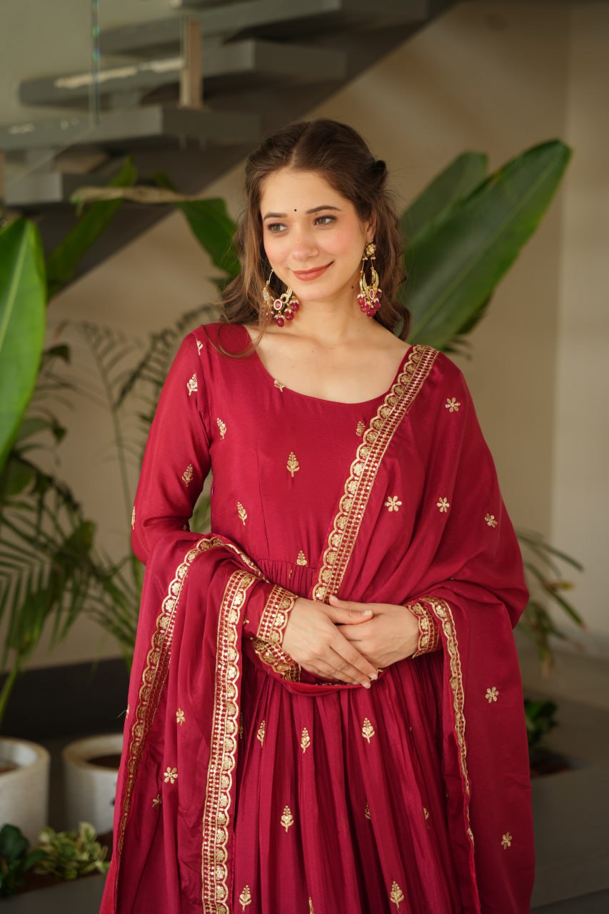 Maroon Chinnon Embroidered Zari & Sequins Work Gown with Designer Dupatta – Festive & Party Wear