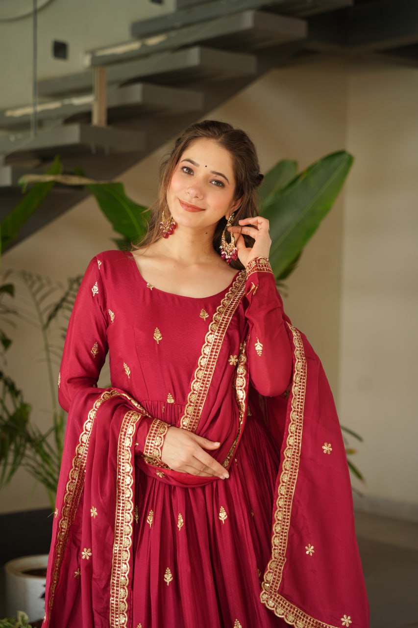Maroon Chinnon Embroidered Zari & Sequins Work Gown with Designer Dupatta – Festive & Party Wear
