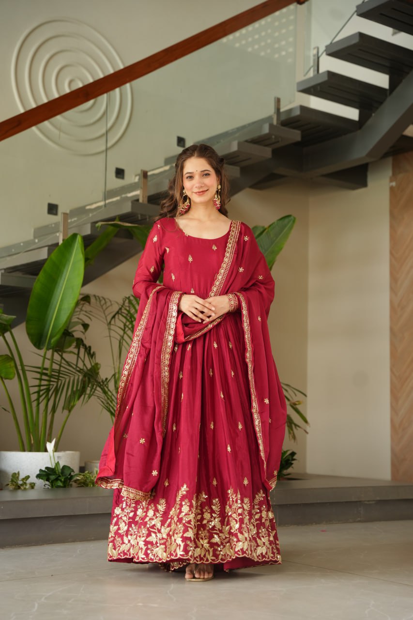 Maroon Chinnon Embroidered Zari & Sequins Work Gown with Designer Dupatta – Festive & Party Wear