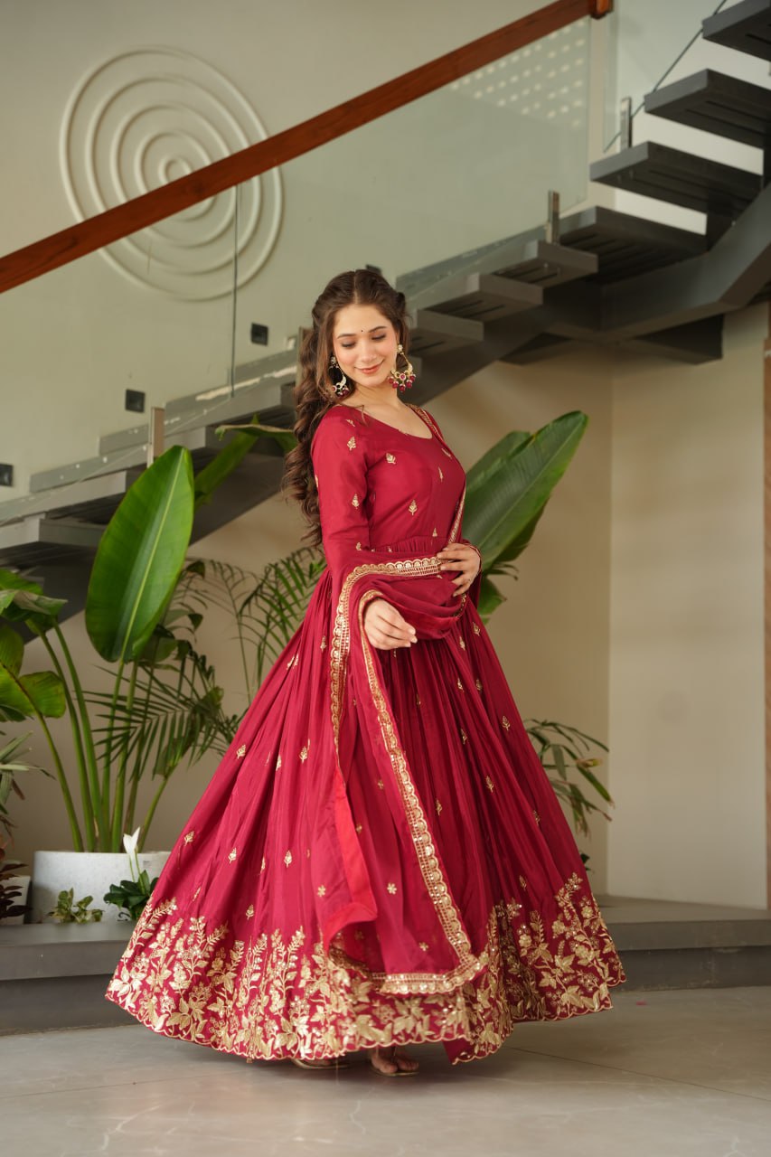 Maroon Chinnon Embroidered Zari & Sequins Work Gown with Designer Dupatta – Festive & Party Wear