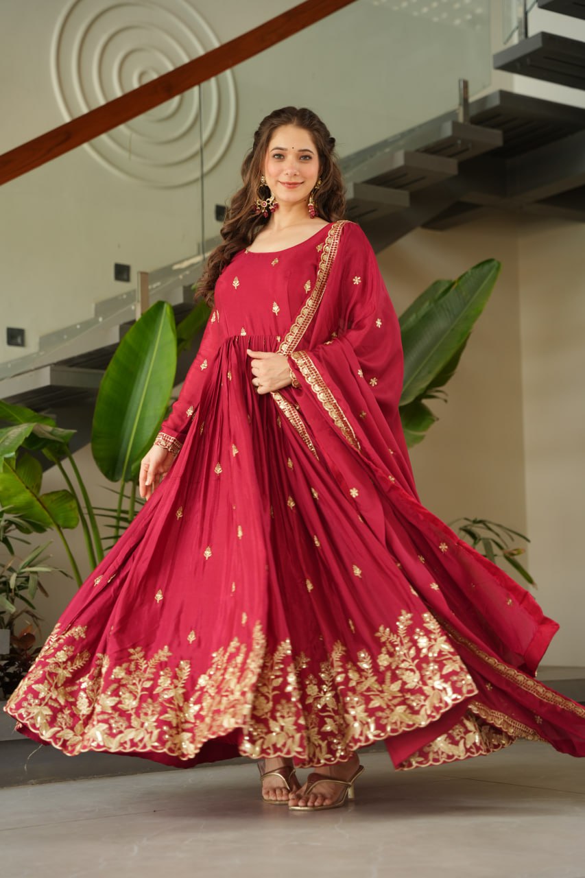 Maroon Chinnon Embroidered Zari & Sequins Work Gown with Designer Dupatta – Festive & Party Wear