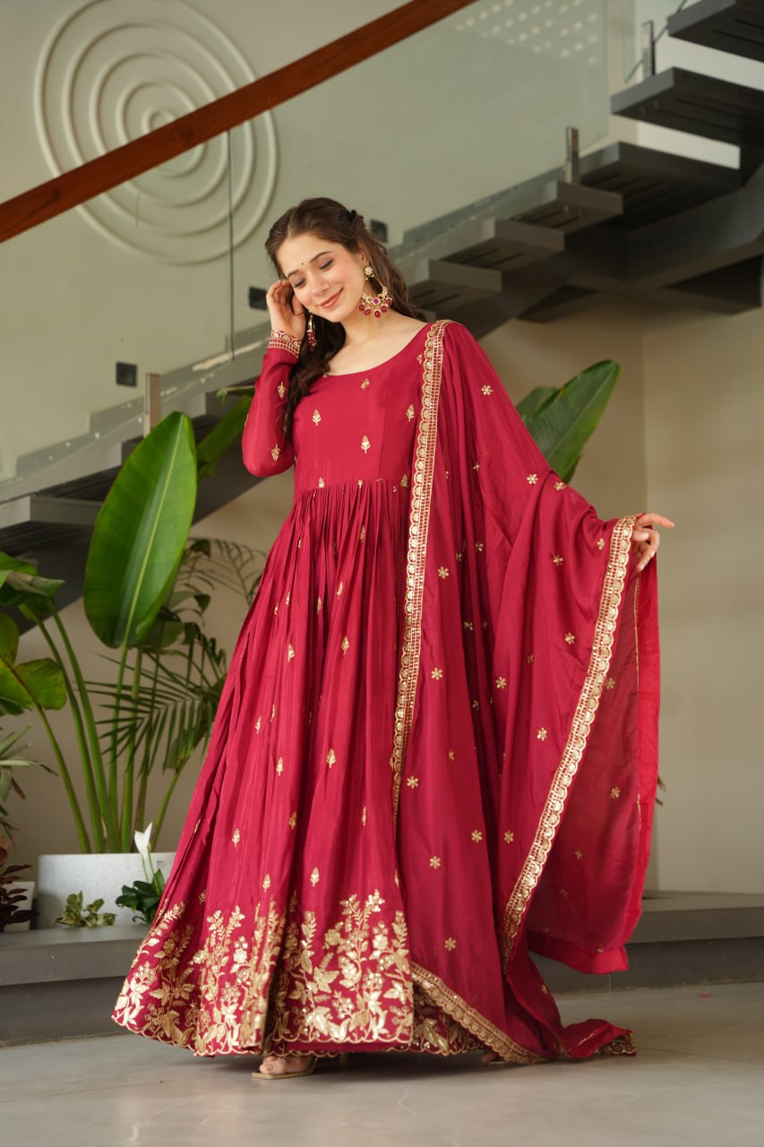 Maroon Chinnon Embroidered Zari & Sequins Work Gown with Designer Dupatta – Festive & Party Wear