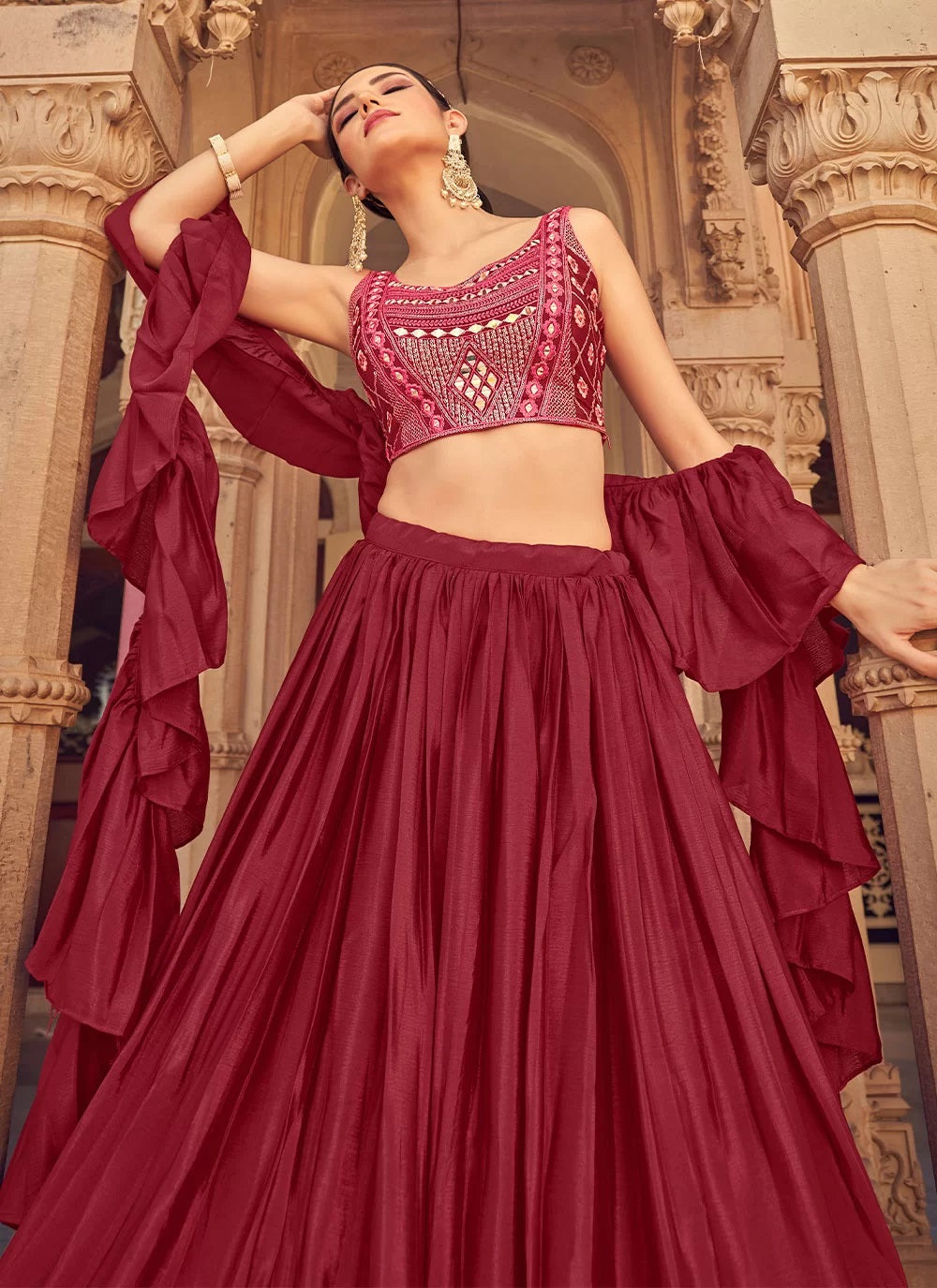 Maroon chinnon thread and mirror work layered lehenga