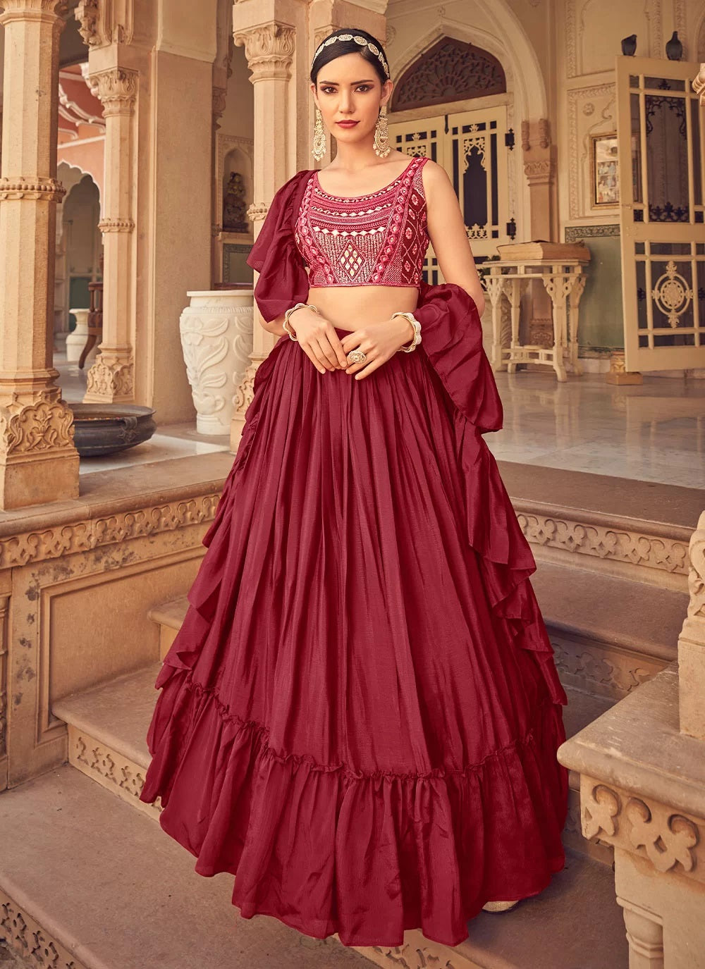 Maroon chinnon thread and mirror work layered lehenga