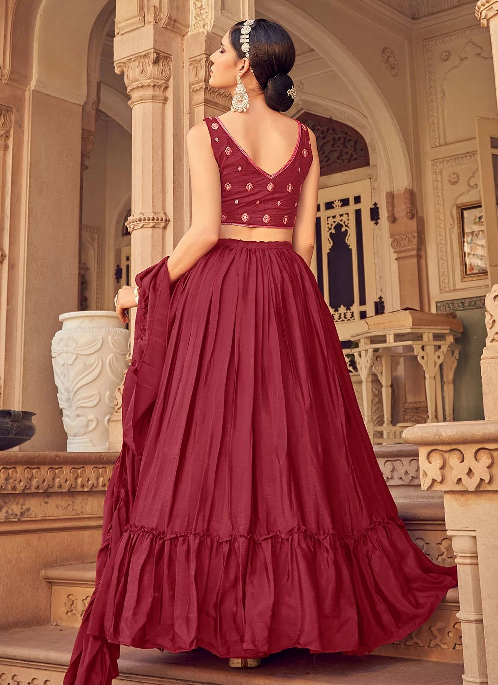 Maroon chinnon thread and mirror work layered lehenga