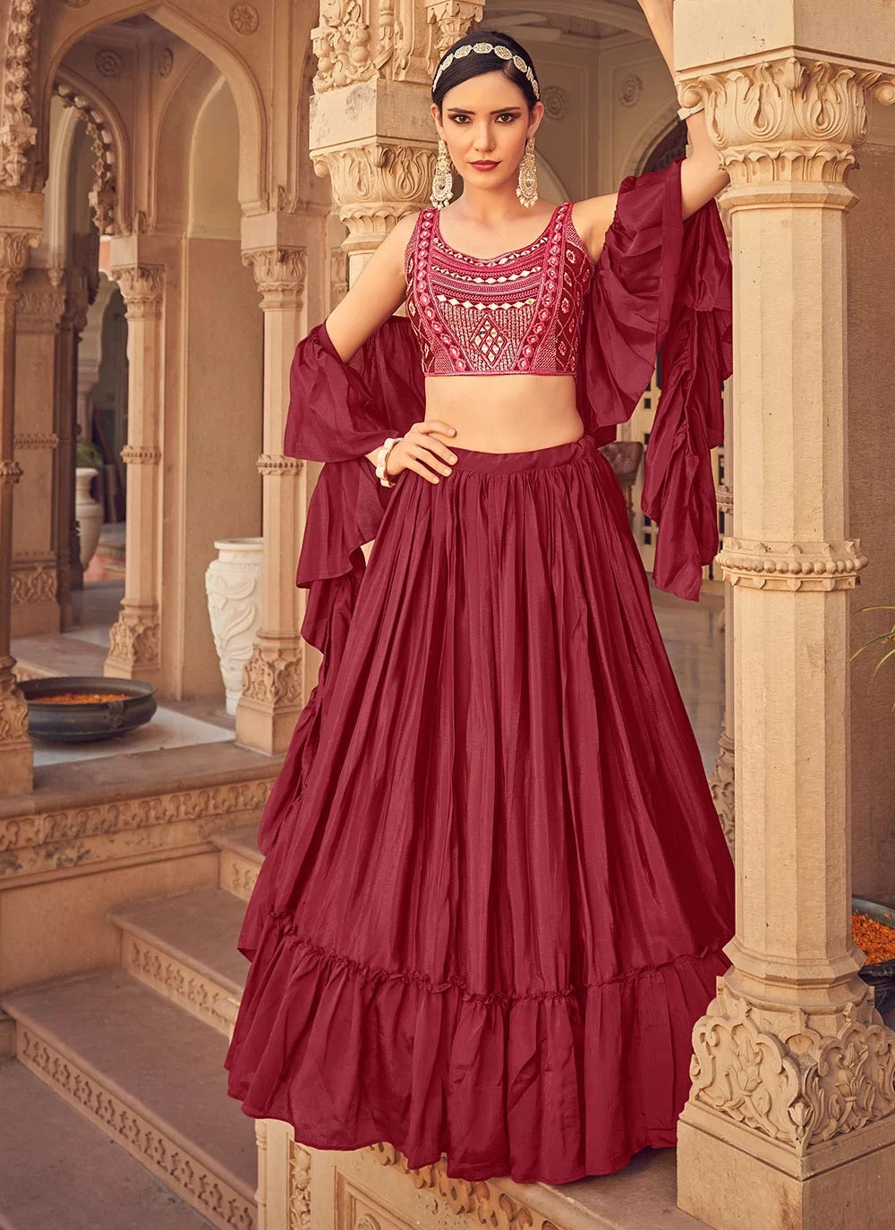 Maroon chinnon thread and mirror work layered lehenga