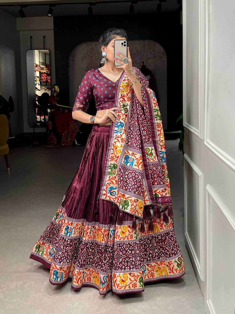 Maroon Color Bandhej Print With Patola Print Crushed Dola Silk Lehenga Choli