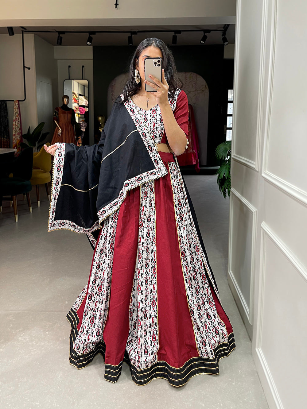Maroon Color Plain and Printed Cotton Lehenga Choli