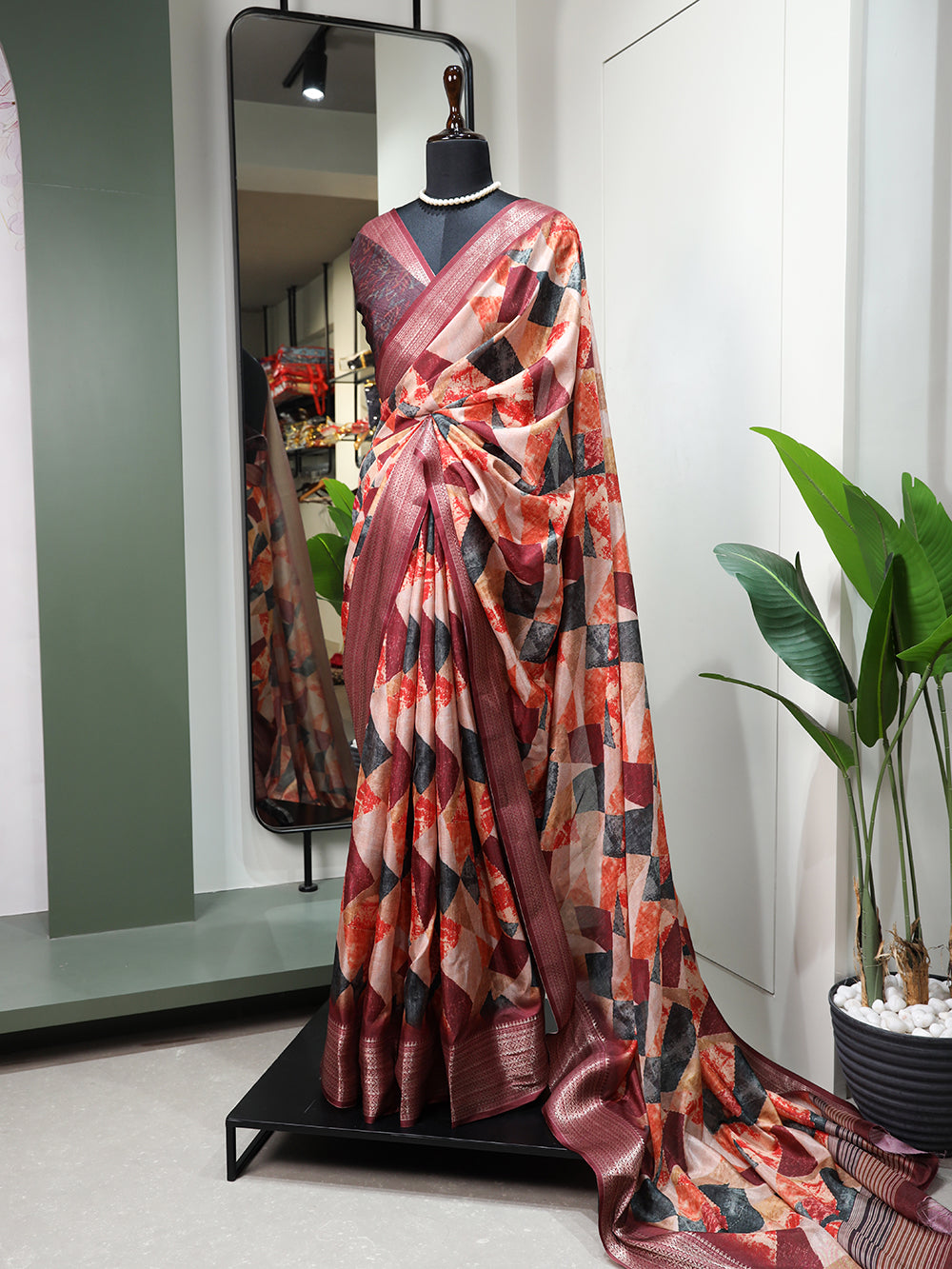 Maroon Color Printed With Zari Border Dola Silk Saree