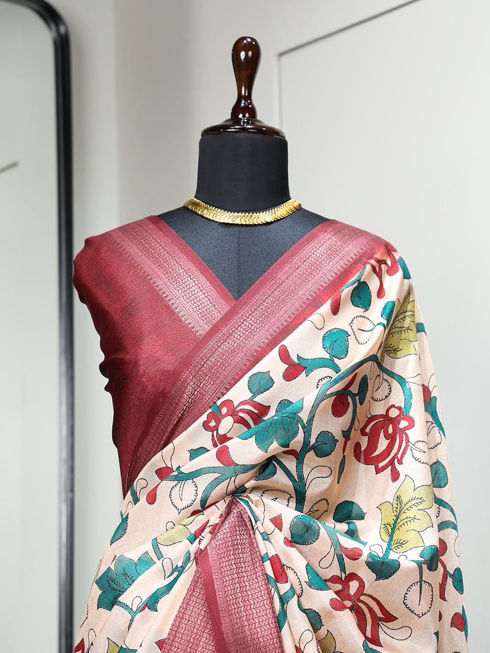 Maroon Color Printed With Zari Border Dola Silk Saree