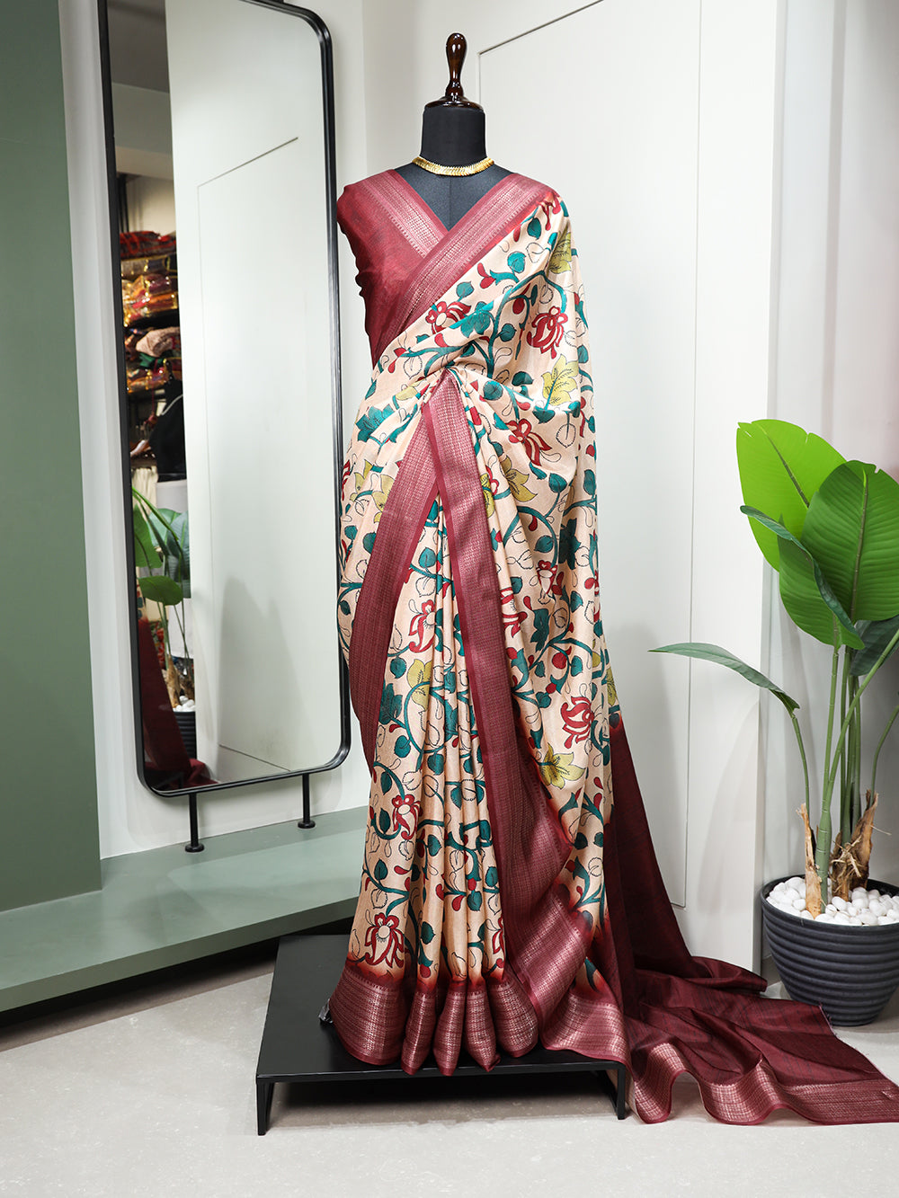 Maroon Color Printed With Zari Border Dola Silk Saree