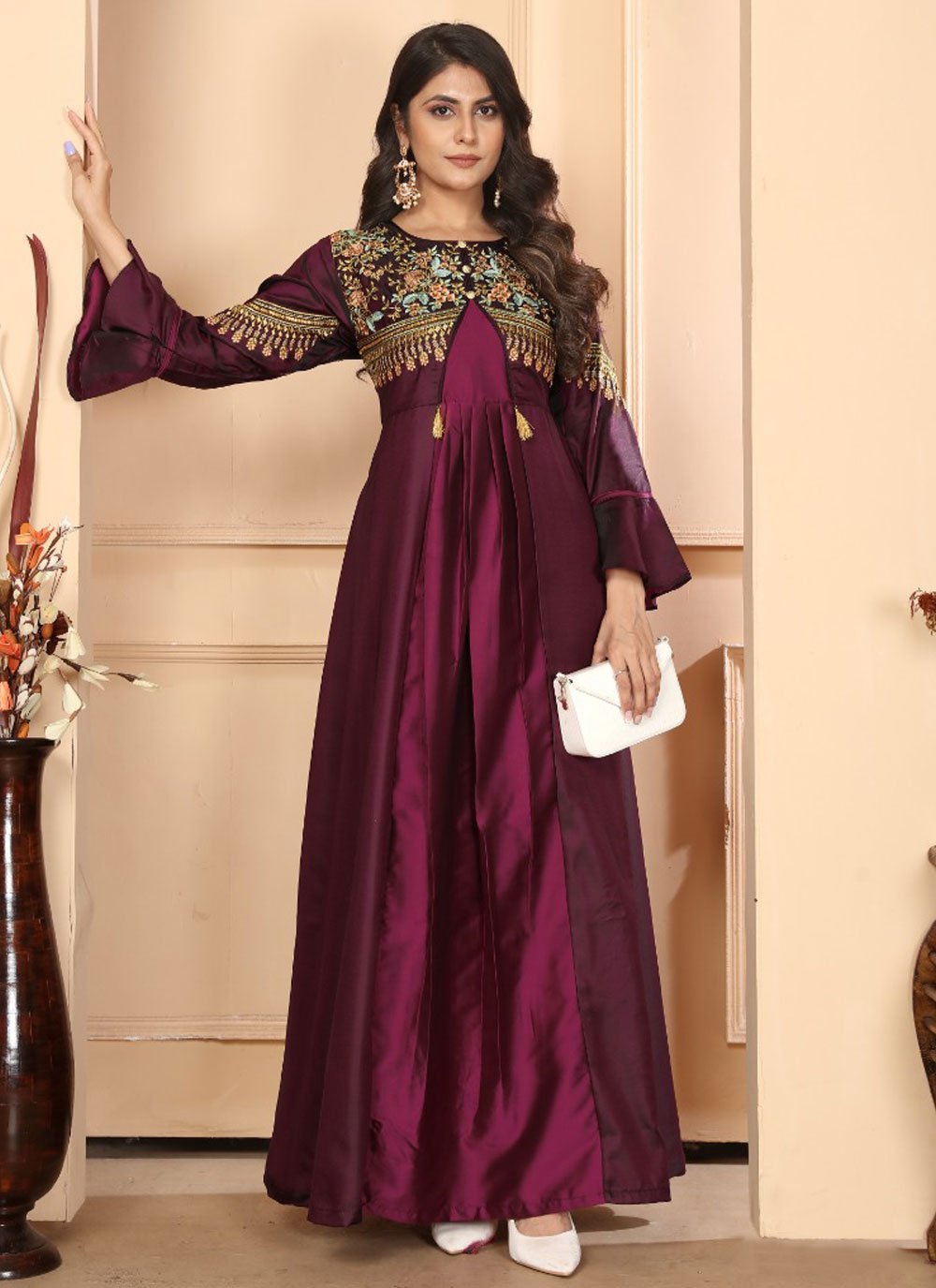 Maroon color heavy embroidered readymade indian gown in silk