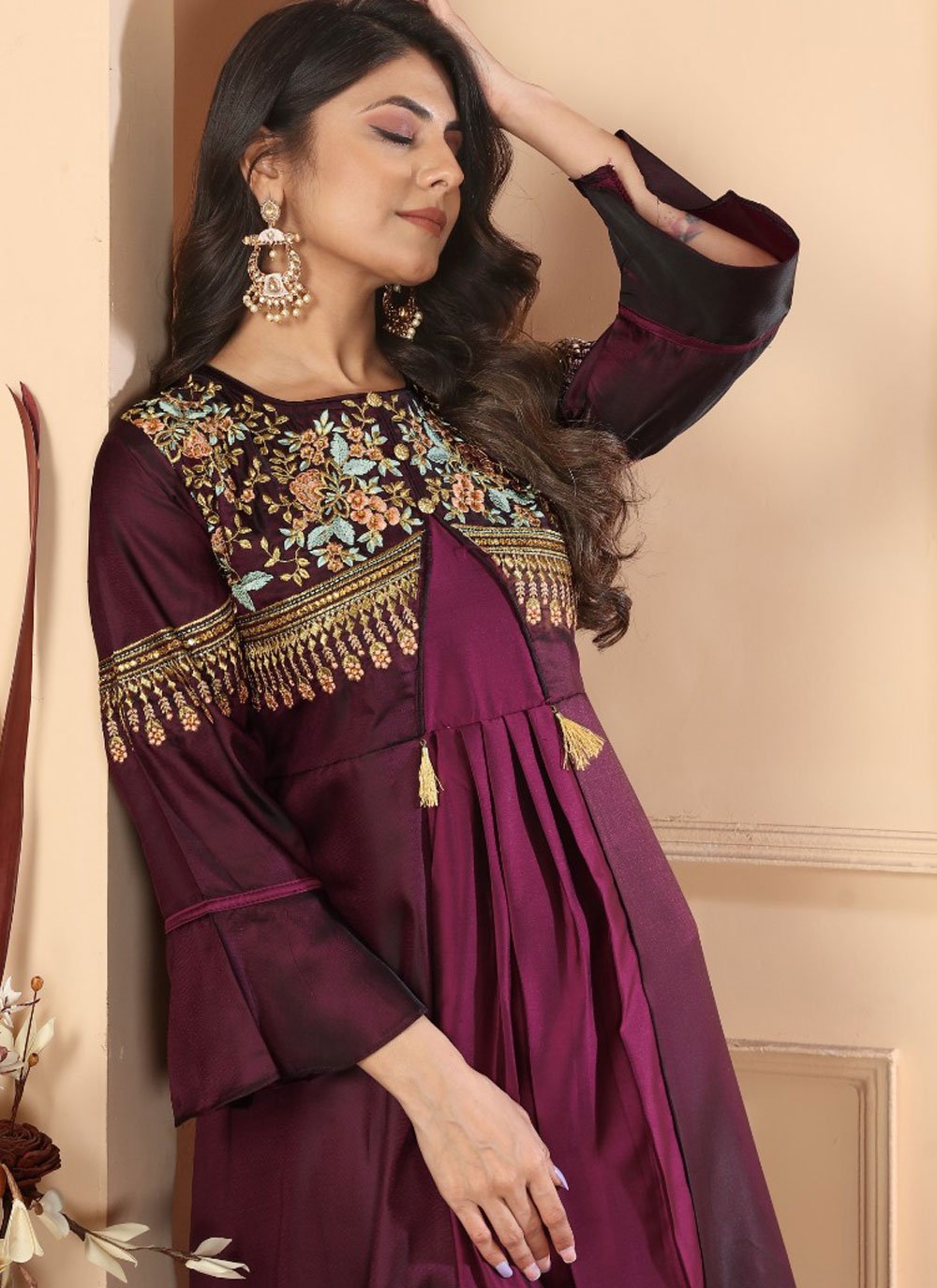 Maroon color heavy embroidered readymade indian gown in silk