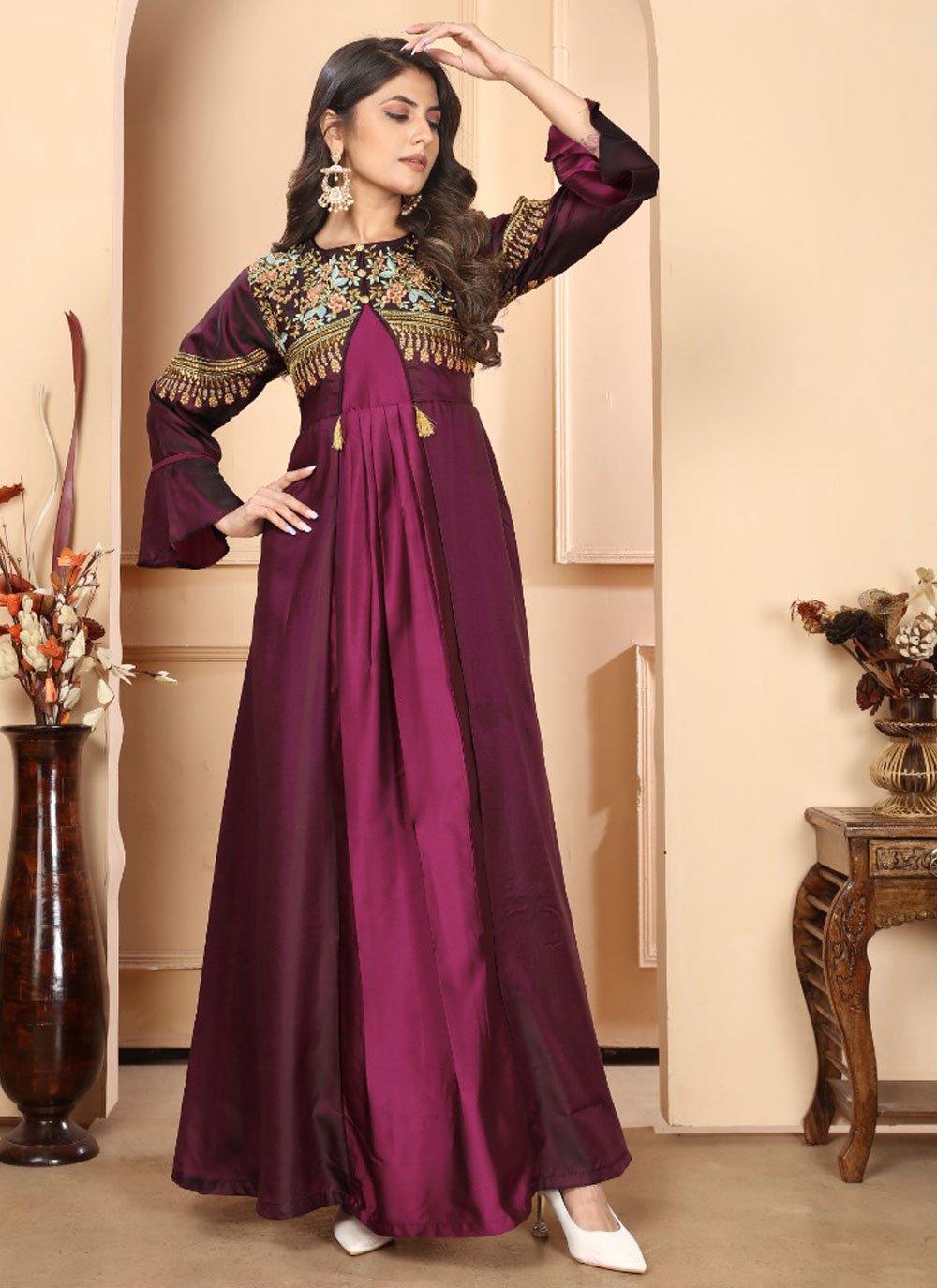 Maroon color heavy embroidered readymade indian gown in silk