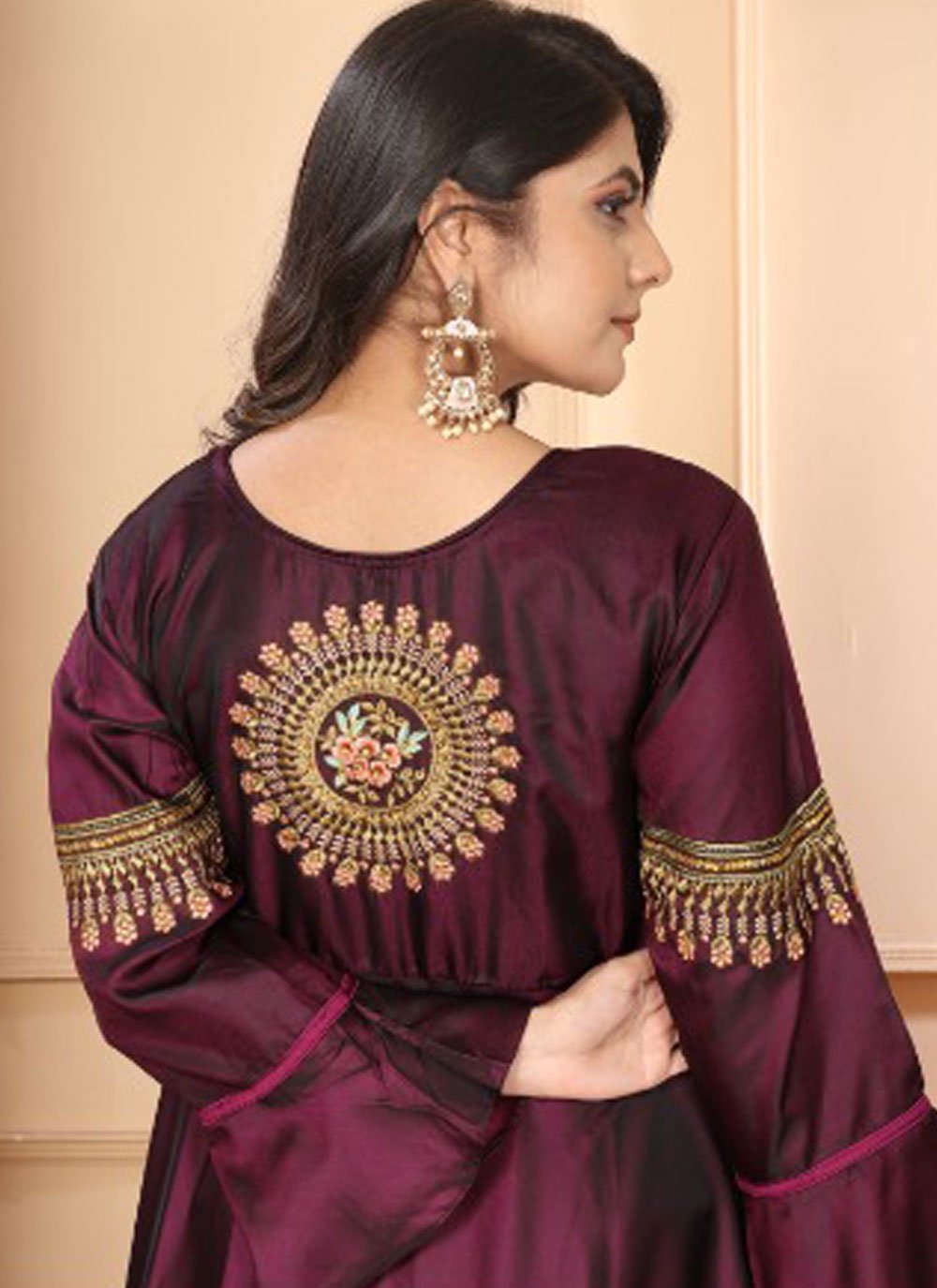 Maroon color heavy embroidered readymade indian gown in silk