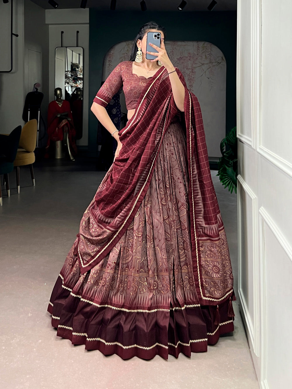 Maroon tasar silk kalamkari print lehenga choli with lace border tassel dupatta