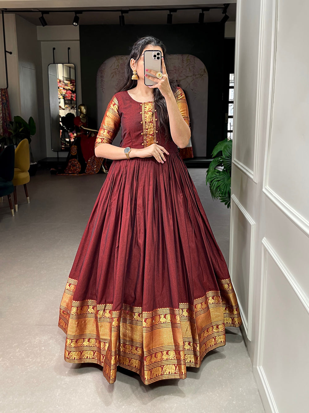 Maroon Color Zari Weaving Work Narayan Pet (Cotton) Dress
