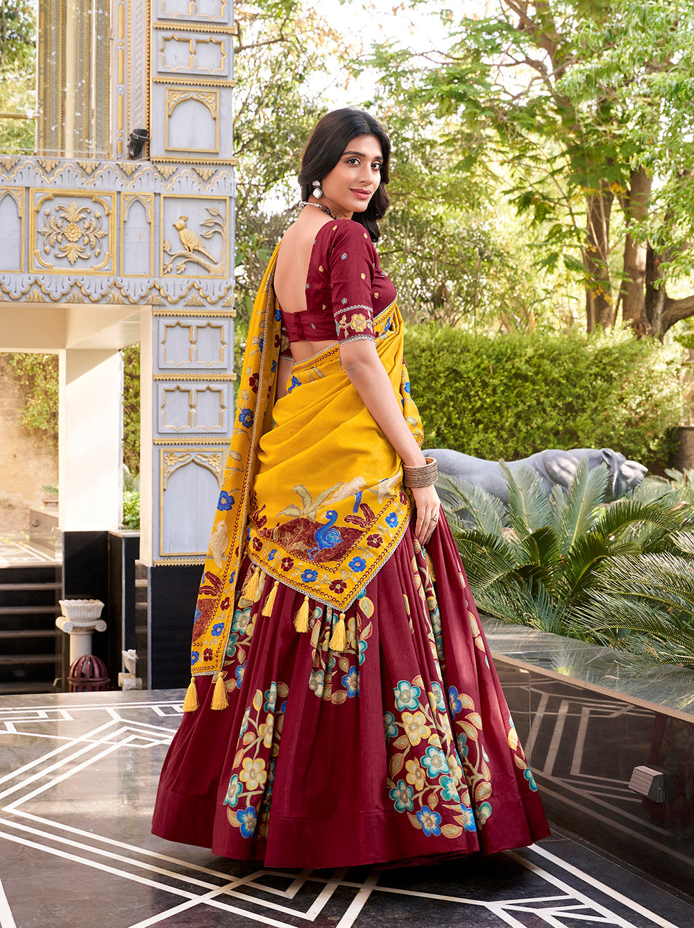Maroon color printed and foil work tussar silk lehenga choli