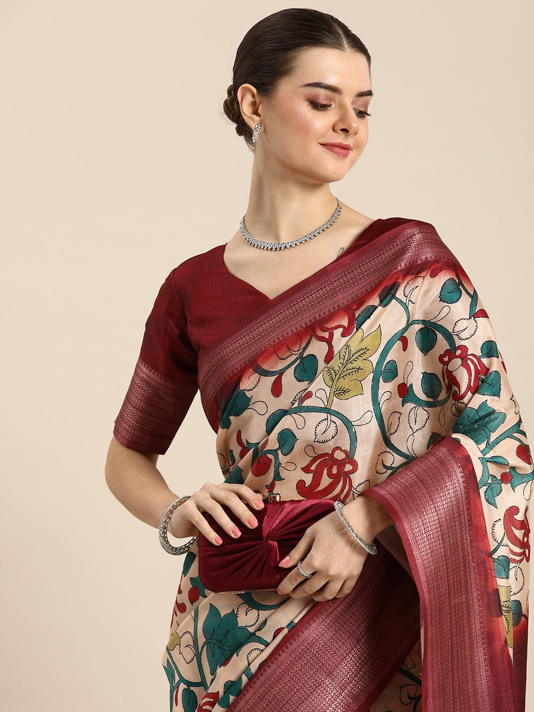 Maroon Color Printed With Zari Border Dola Silk Saree