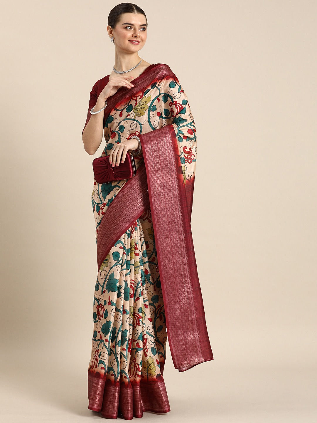 Maroon Color Printed With Zari Border Dola Silk Saree