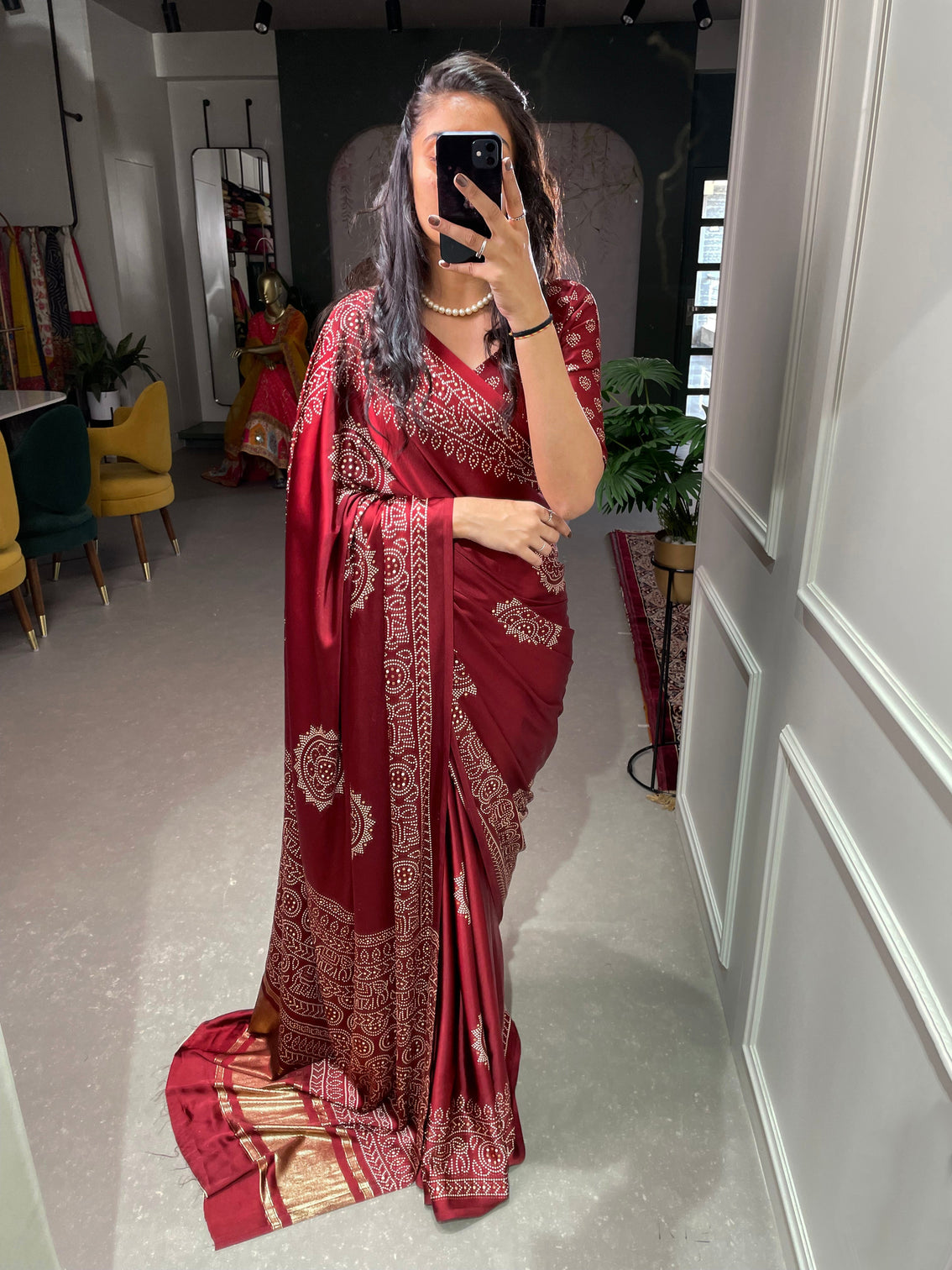 Maroon Color Printed And Foil Work Semi Gaji Satin Saree