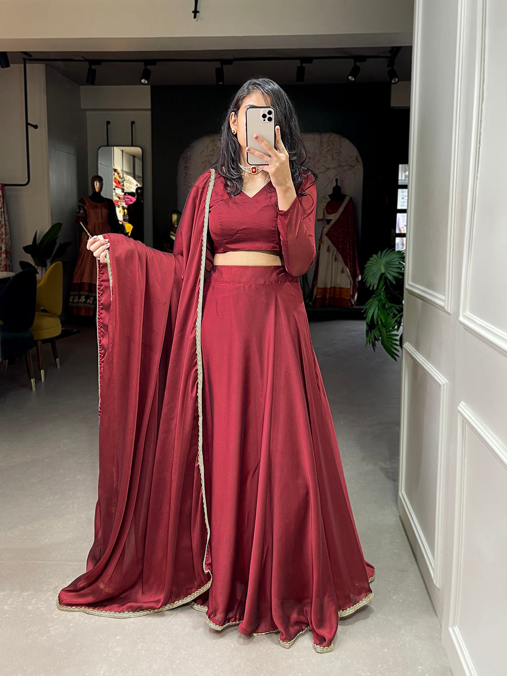 Maroon Color Plain With Lace Border Rangoli Silk Chaniya Choli