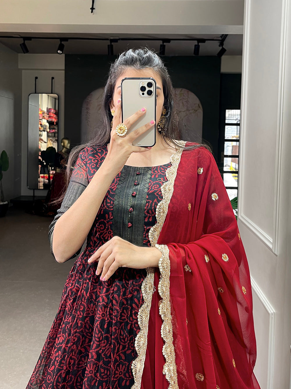 Maroon Color Printed With Weaving Work Patta Soft Chanderi  Dress